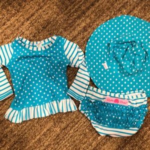 3 piece Ruffle Butts swim suit and hat set!